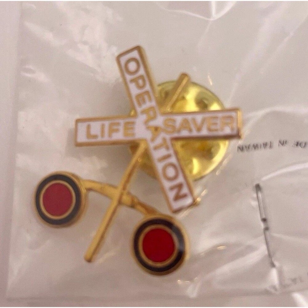 Operation Lifesaver Railroad Crossing Lapel Pin Collectible Gold Tone Red